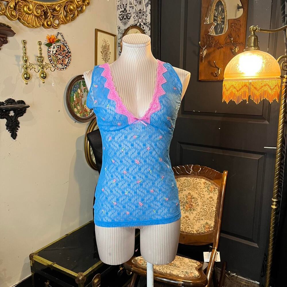 Vintage Y2K Victoria’s Secret Blue Sheer Lace lingerie Cami Top size M